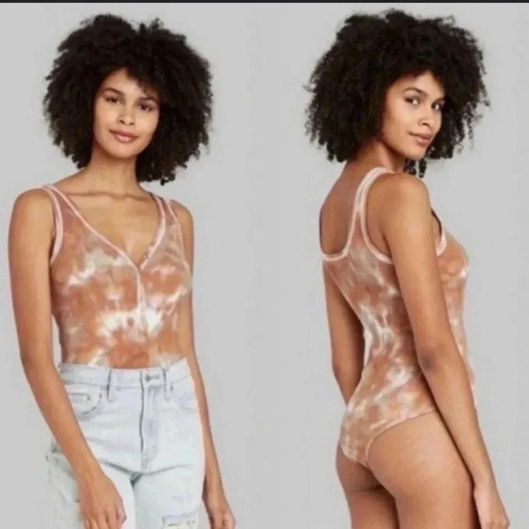 Wild Fable Womens Brown Tie Dye Ribbed Henley Bodysuit Sleeveless Medium - Picture 3 of 8